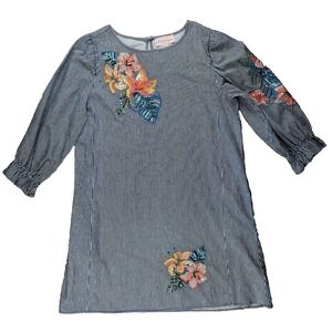 Philosophy Dress XL Blue White Striped Embroidered Dress Balloon Slvs Pockets